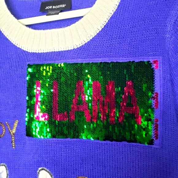 Joe Boxer Women’s 3D Happy Holidays Furry Llama Switching Sequin Blue Sweater S - Picture 3 of 7